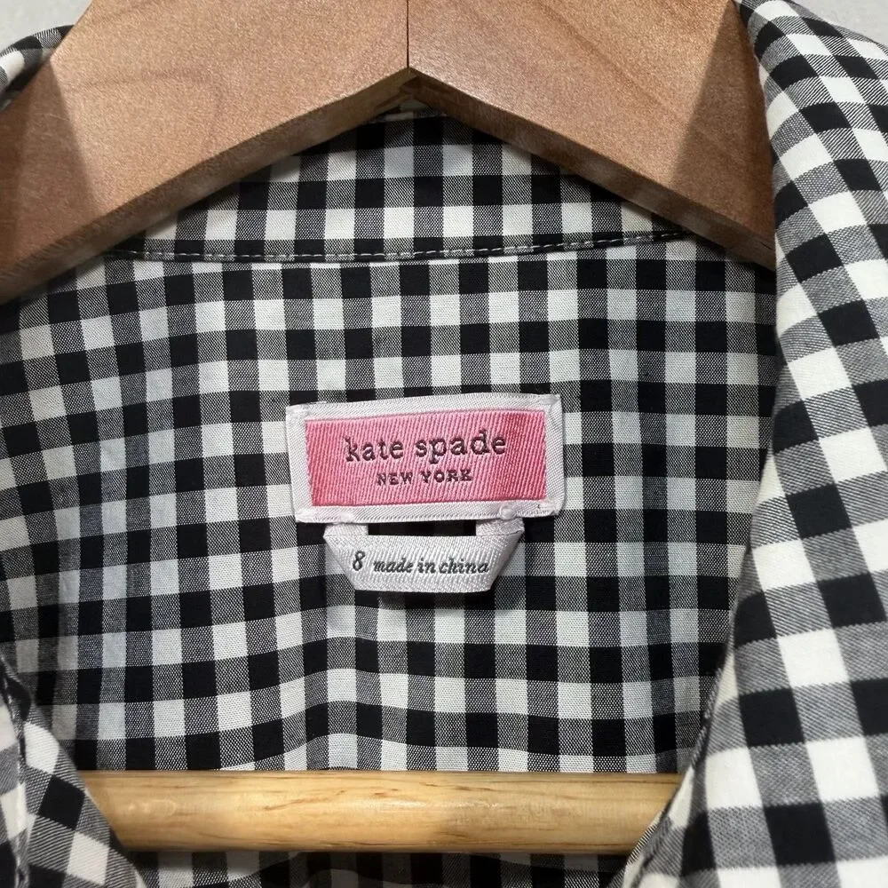 KATE SPADE Size 8 Mini Gingham Ruffle Sleeveless Button Down Shirt Black White